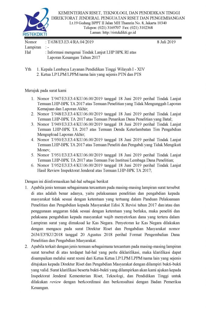 Surat Informasi mengenai Tindak Lanjut LHP BPK RI atas Laporan Keuangan Tahun 2017